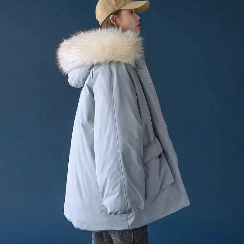 2023 New Women Padded Coat Winter Jacket Female Mid-length Frock Parkas  Big Fur Collar Outwear Hooded Loose Trend Overcoat