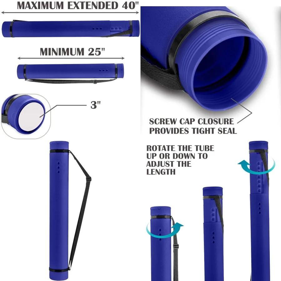 أنبوب ملصق أزرق من JJRING من 25 إلى 40 أنبوب حامل تخزين الملصقات القابل للتمديد مع حزام حمل لخريطة التمرير المخطط والأرشيت