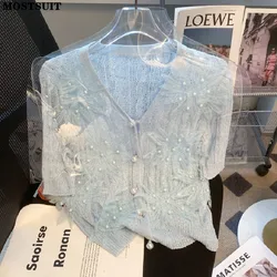 Summer Elegant Stylish Slim Knit Sweater Tops Women Lace Beaded Stereo Flower Cardigan Knitwear Fashion Chic Ladies Jumper 2023