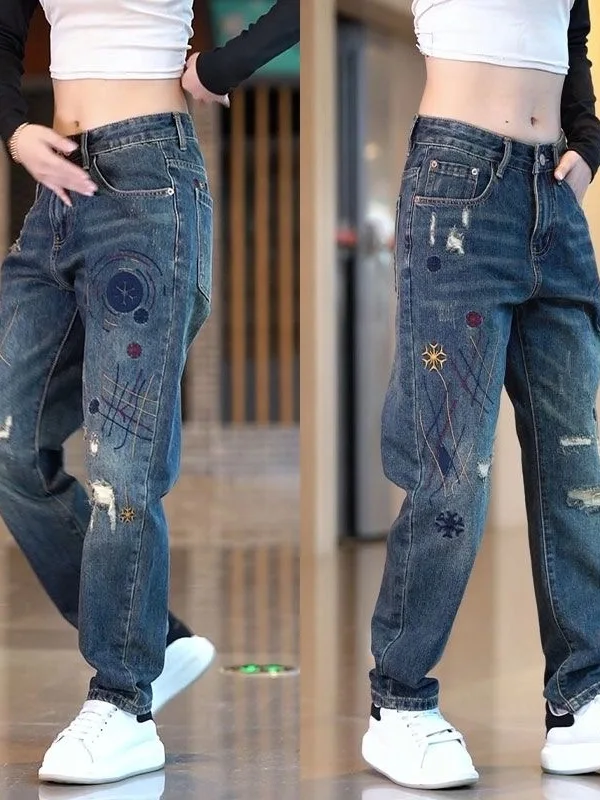 

Мужские джинсы в стиле ретро с вышивкой, облегающие, повседневные, износостойкие для грязи и ношения, осень-зима, модные трендовые прямые брюки...