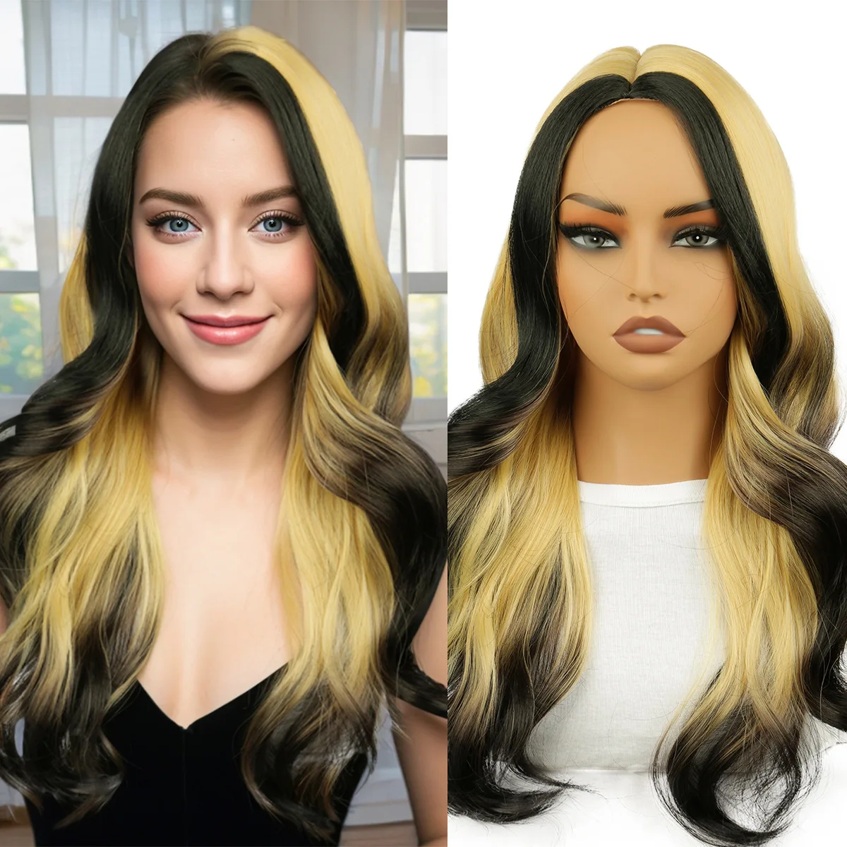 

Medium long curly hair big wave wig female yellow black gradual change chemical fiber full head wig