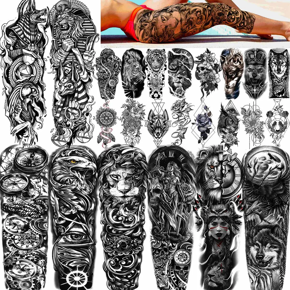 24 Sheets Full Arm Temporary Tattoo Sleeve For Men Women Thigh Arm Tattoo Black Flower Eagle Compass Tiger Tatoos Large Size 3D