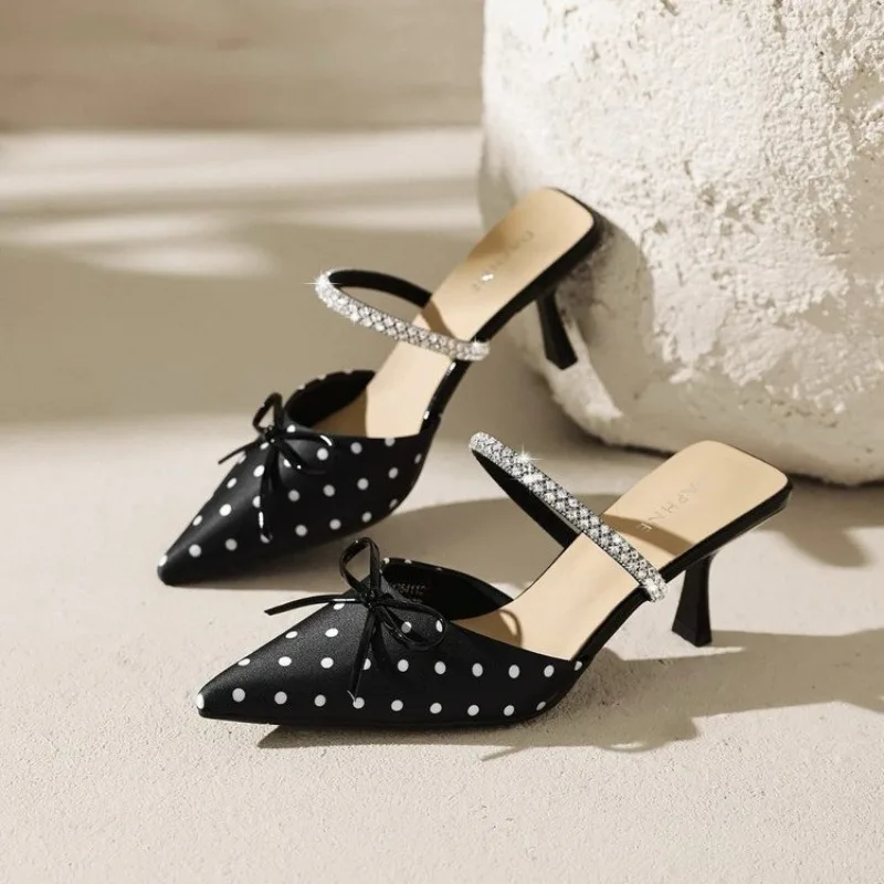 

Новые модные женские туфли-мюли 2026 года на высоком каблуке с острым носком, украшенные стразами, с бантом