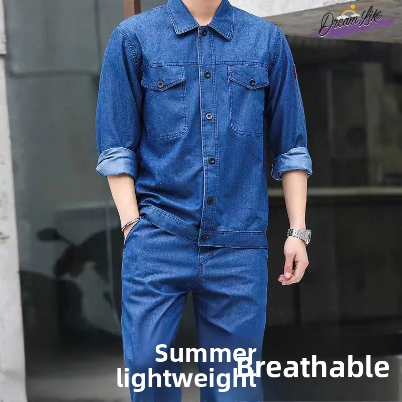 

Летний тонкий хлопковый рабочий костюм для мужчин: джинсовая защитная одежда для дуговой сварки, верх и низ, рабочая форма