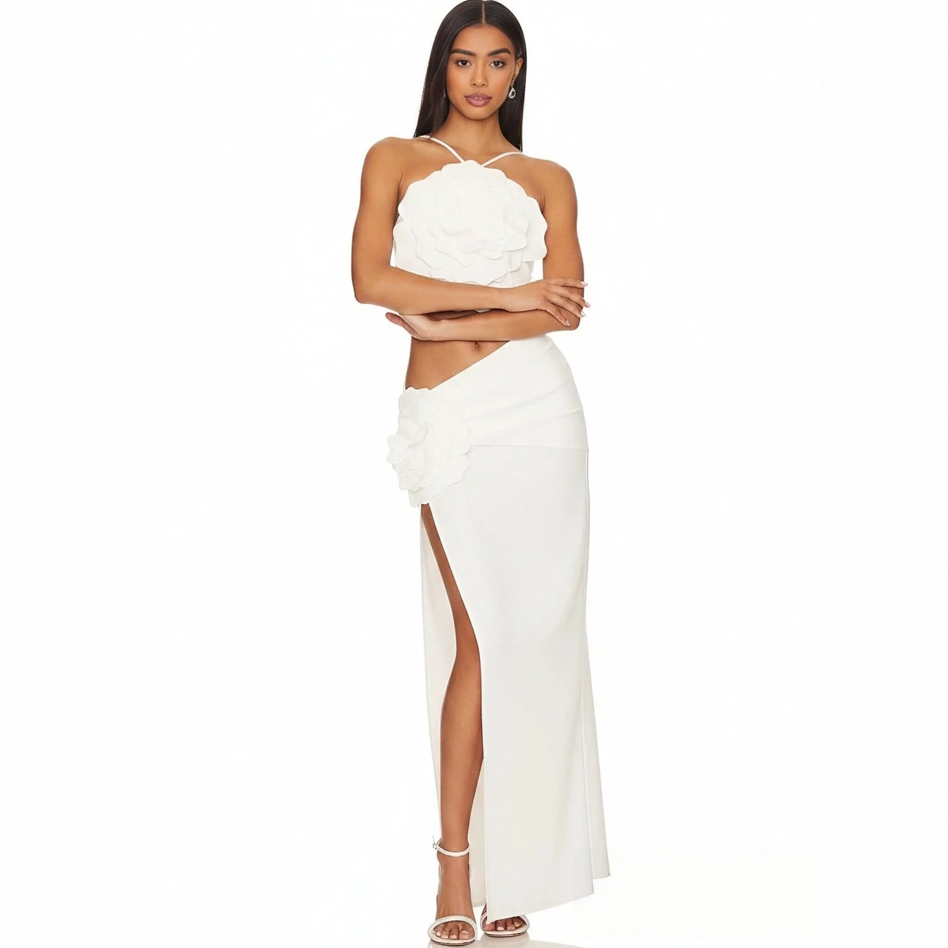 White Sexy High Waist 3D Floral Hollow Out Maxi Dress Sleeveless Backless Side Slit Elegant Bodycon Cocktail Evening Party Gowns