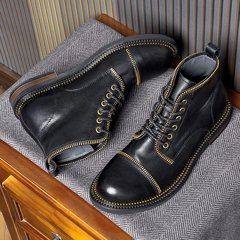 

New Arrival Modern Men Fashion Short Face Motorcycle Boots British Retro Genuine Leather Lace-up American Winter Tooling Shoes