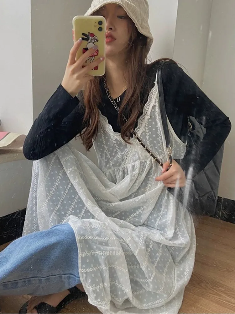 Korean Style Lace Trim Camisole Dress Women's Mid-Length Mesh Skirt Curtain Cover up Spring New Design Sensation White Dress