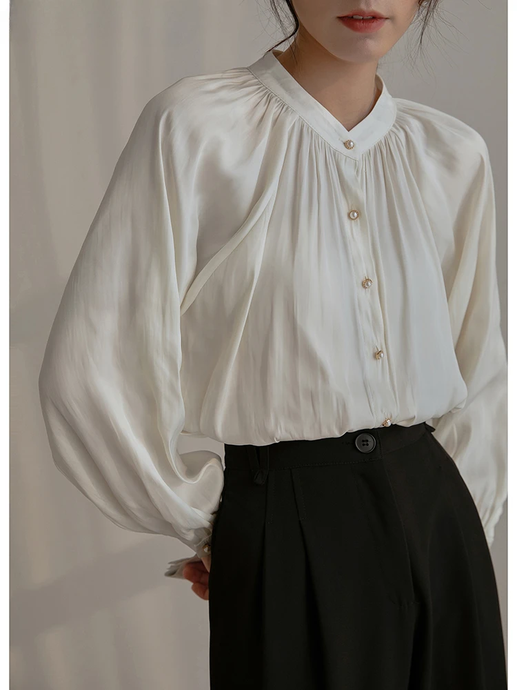 

Office Lady Blouses Stand Collar Satin Solid Lantern Sleeve Spring Autumn Women Shirts Korean Vintage Chic Blusas