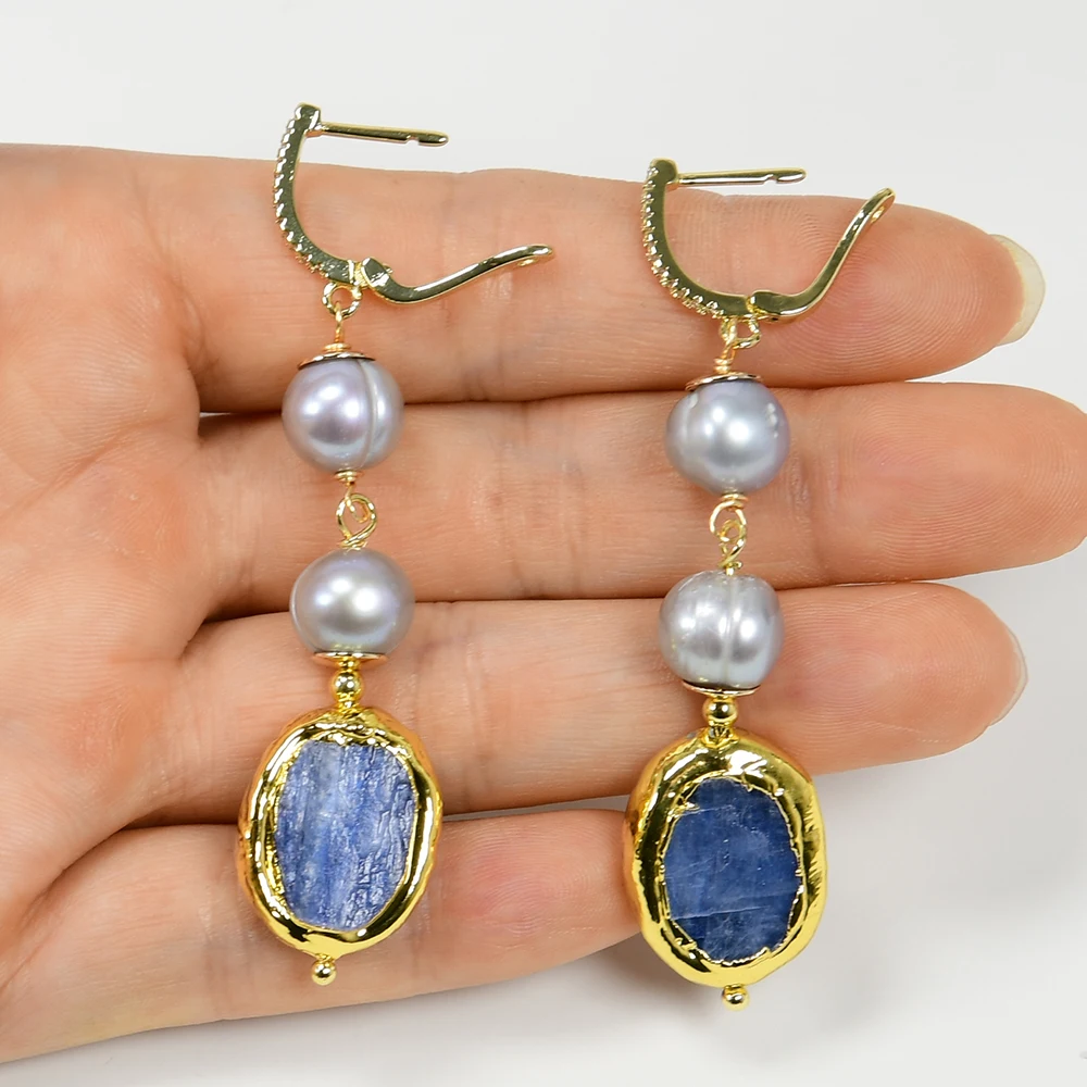 G-G Freshwater Cultured Gray Pearl Blue Kyanite Pendant Necklace Earrings Sets Simple Women Gifts