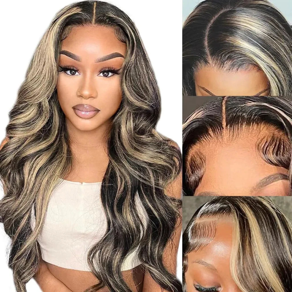 Perruque Body Wave Brésilienne Naturelle avec Frange pour Femme, Cheveux Humains à Reflets Ombré 1B 27, 13x4