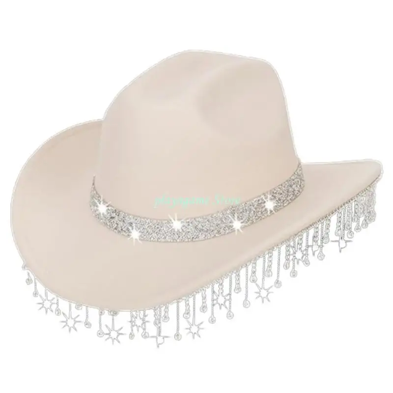 

Y88A Summer Resort Sun Cap Rhinestones Fringed Brimmed Hat Women Photography Headgear