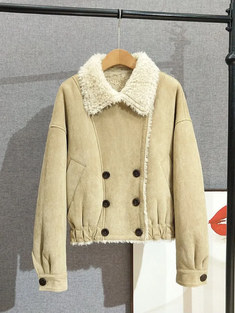 เสื้อโค้ทขนแกะแท้สำหรับผู้หญิง สไตล์วินเทจ กระดุมสองแถว สำหรับฤดูหนาว หนา อุ่น สบาย ปกพับได้ แจ็คเก็ตสั้น ขนแกะตัดใหม่ รุ่นใหม่
