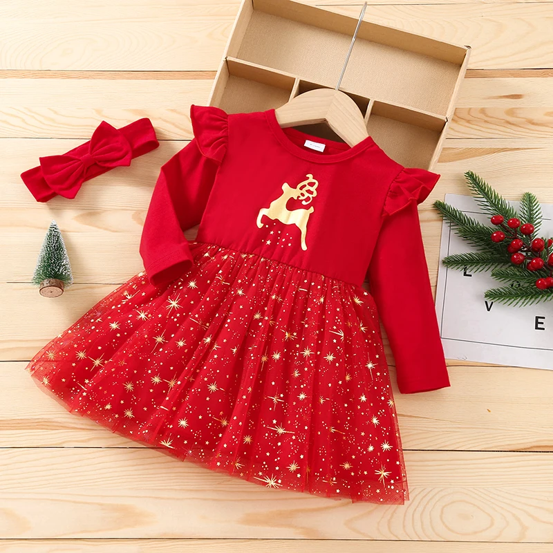 

Children s Outfit Set with Matching Hair Accessory Cute Deer Design Round Neck Dress with Long Sleeves for Spring and Autumn