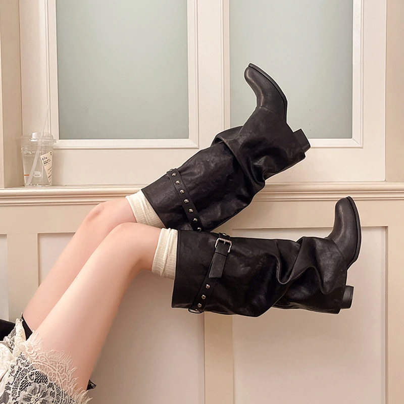 Over-the-knee Boots, Knight-style Pleated Layered Boots with Belts, Wide-leg Culotte Boots 2026 New Style image 5