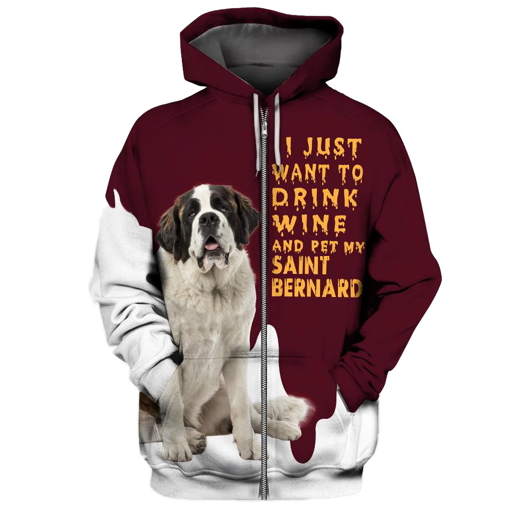 HX Animals Zip Hoodies 3D Graphic Wine Saint Bernard Dog Printed Sweatshirts Fashion CasualTops Harajuku Streetwear S-5XL