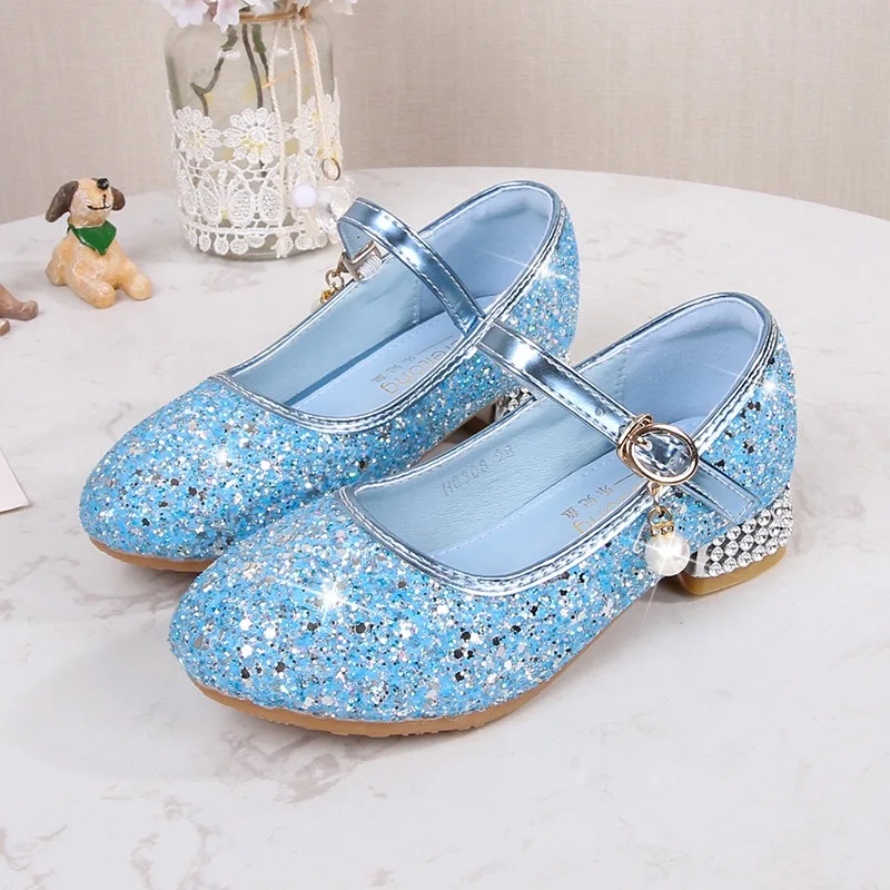 Girls Princess Shoes Spring Children High Heel Glitter Crystal Shoes Sandals Fashion Buckle Kids Dance Shoe Party Leather Shoes