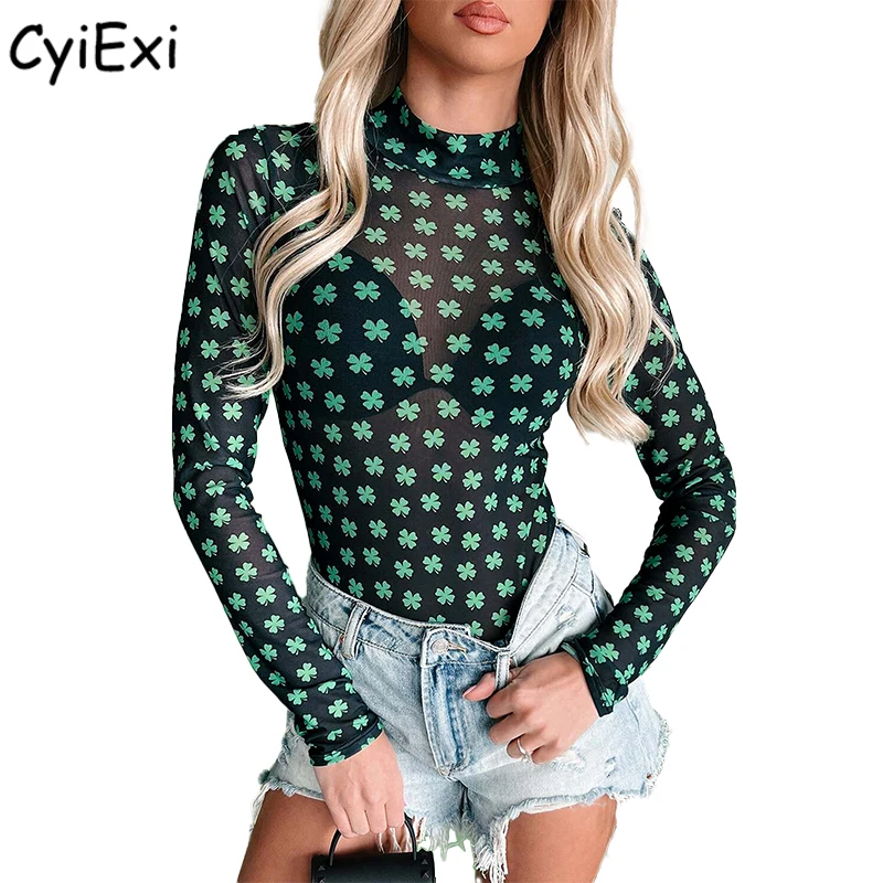 CyiExi Green St Patrick Shamrock Printed Bodysuit for Women Mock Neck Long Sleeve Mesh Bodycon Bodysuits Female Body Tops S-XL