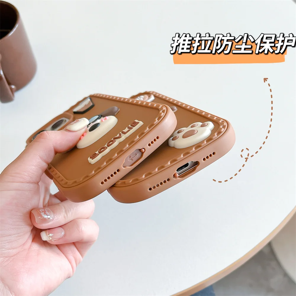 آيفون 16 15 14 13 12 برو ماكس زائد الغبار شحن ميناء قضية الهاتف الخليوي ثلاثية الأبعاد براون الكلب القهوة البصمة الغطاء الواقي