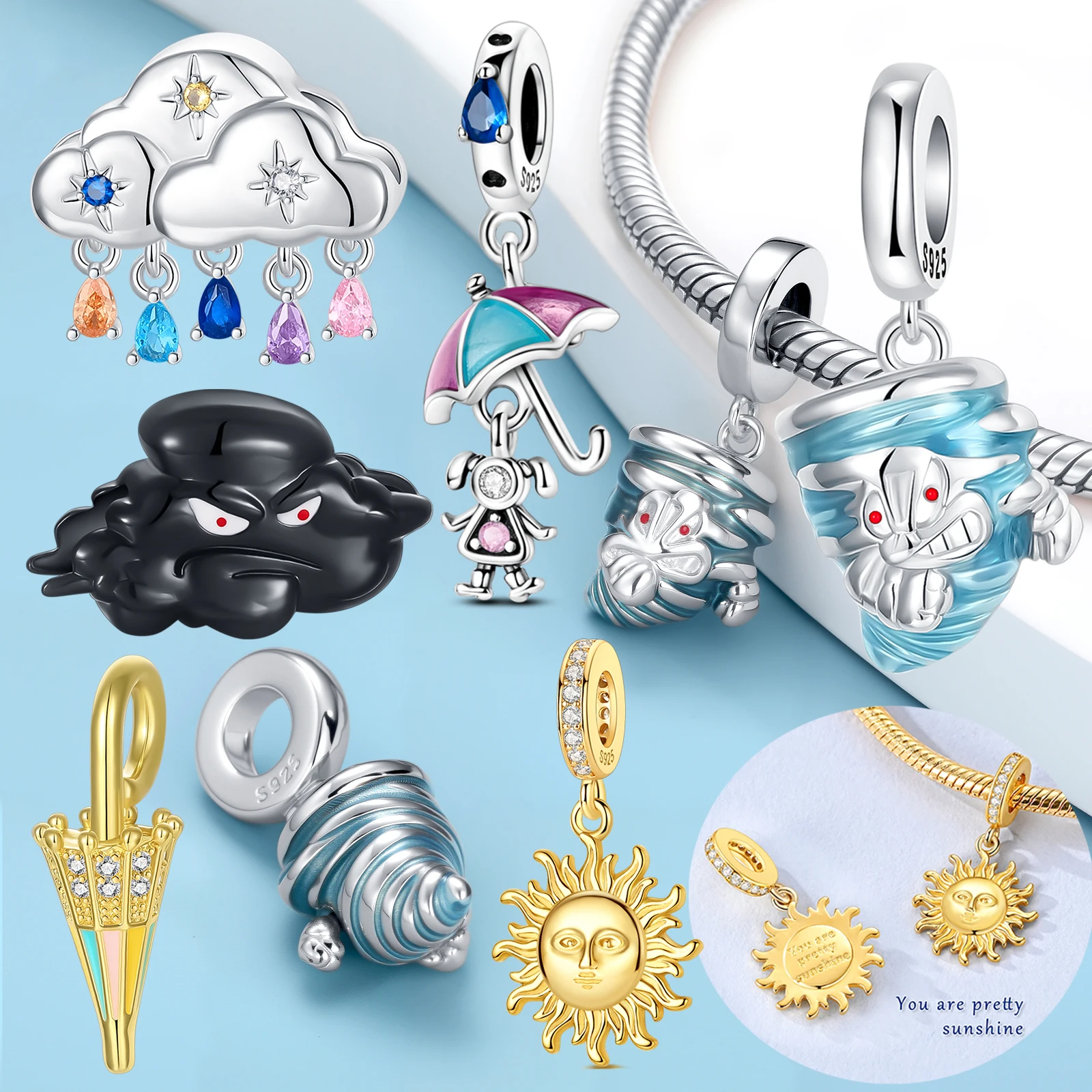 

S925 Sterling Silver Weather Themed Dangle Charm Sun Tornado Umbrella Cloud Pendants Fit Bracelet for Jewelry DIY Making Charm