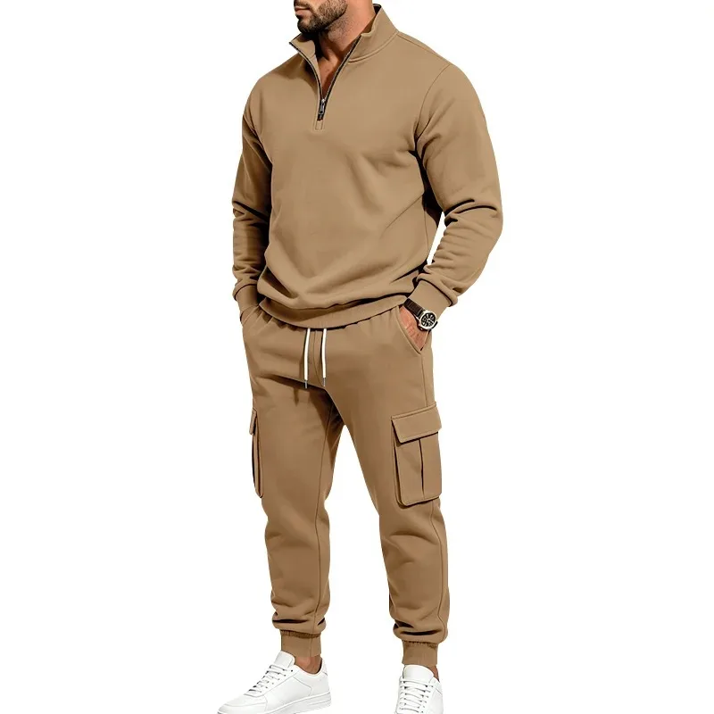 Men's Fall-Winter Two-Piece Outfit - 1/4 Zipper Stand Collar, Fleece-Lined, Warm Sports Suit, Long-Sleeved Top, Casual Pants view 2