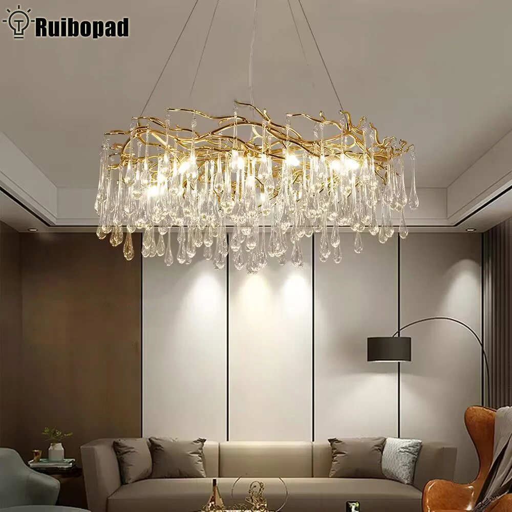 Round Gold Crystal Chandelier Lights For Dining Living Room Bedroom Kitchen Table Modern  Branch Crystal Ceiling Chandelier