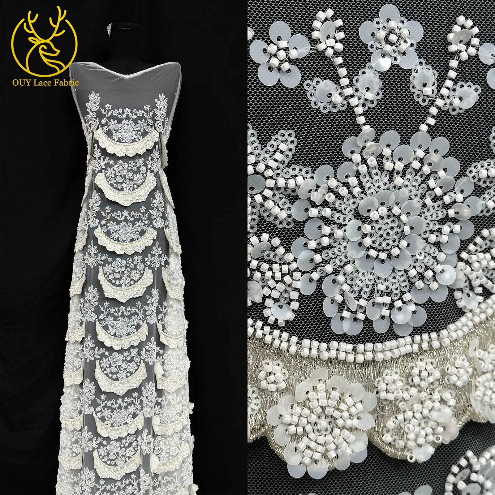 

2025 African Groom Beaded Lace Fabric Embroidery 5 Yards Cream French Nigerian Mesh Sequin Lace Fabric Bridal Wedding Material