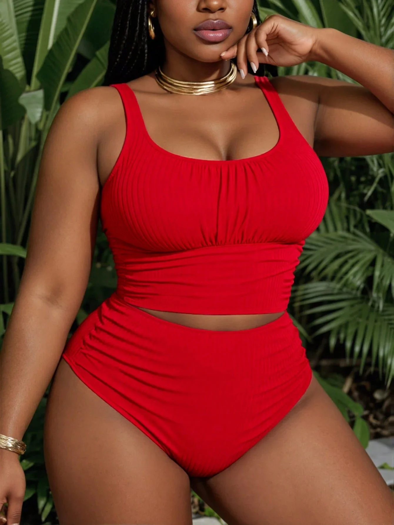 

Red Solid Color Plus Size Tankini Set For Women Summer Beach Swimwear