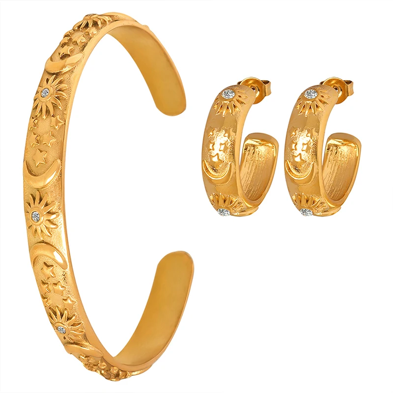 New French Palace Style Stainless Steel Gold Plated Bracelet Elegant Women Earring Vintage Wedding Jewelry Set Wholesale