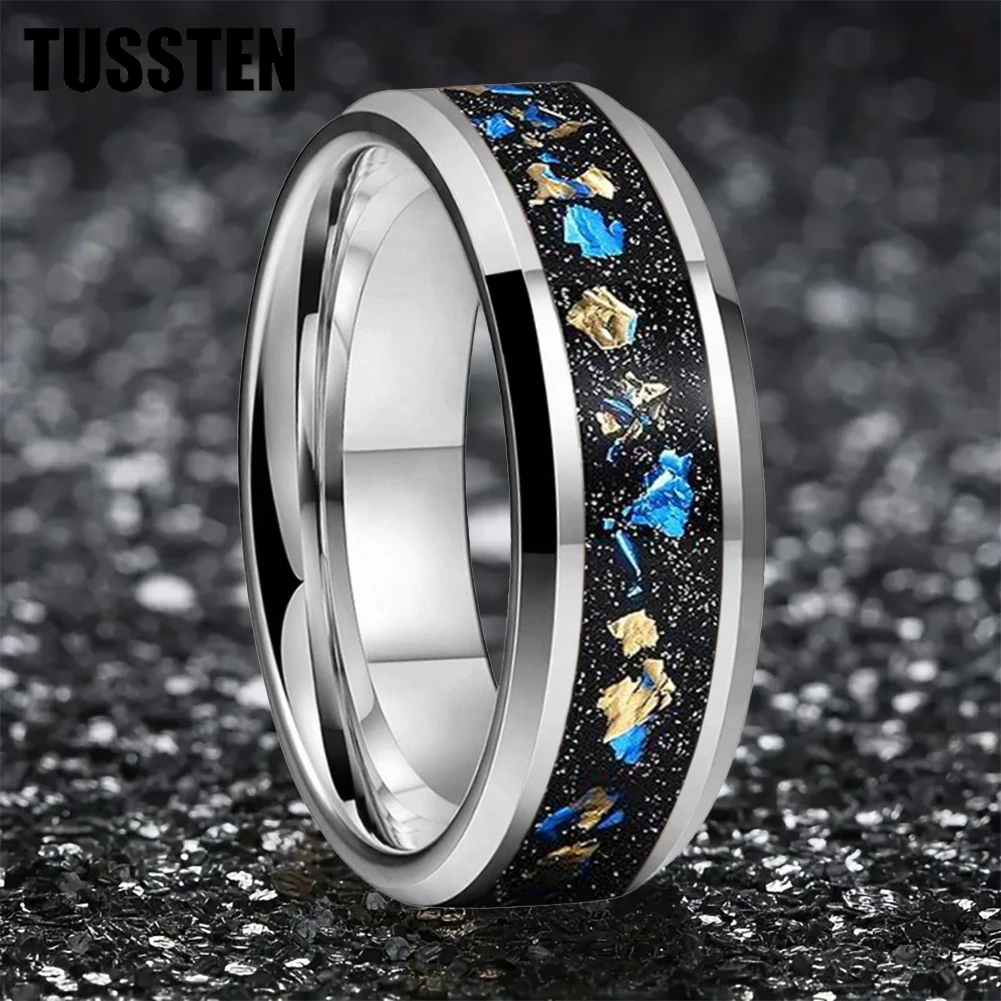 TUSSTEN 6/8MM Black Tungsten Ring for Men Women Blue Gold Foil Inlay Wedding Band Beveled Edges Polished Shiny