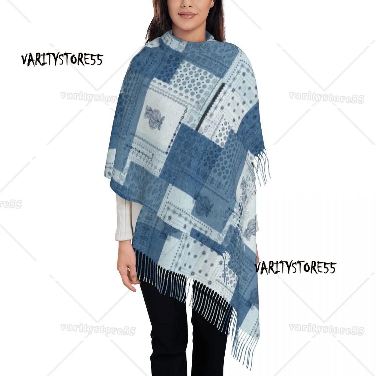 Denim Patchwork Paisley Pattern Shawls Wraps for Women Winter Warm Long Soft Scarf Pashminas Shawl Scarves