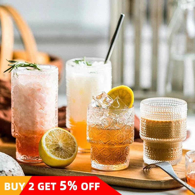 1/4 PCS Retro Embossed Glass Cup Stacking Glasses Transparent Iced Americano Bubble Water Cups Juice Whiskey Cocktail Beer Cup