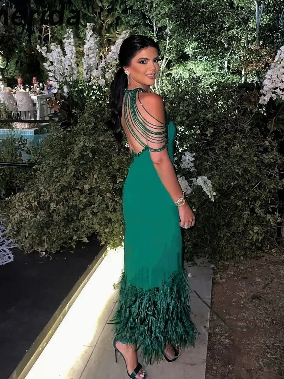 

Oisslec Arabia Luxury Evening Dresses Feathers Backless Green Prom Dresses Beads Ankle-length Customizable فساتين مناسبة رسمية