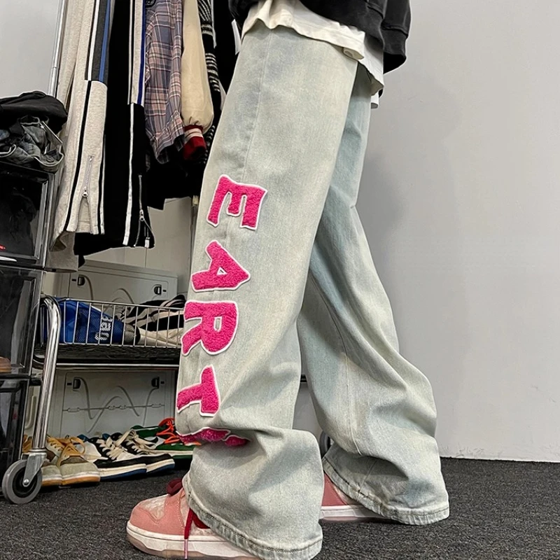 American Vintage Flocked Letter Jeans Men's Spring New Loose Full Length Casual Straight Denim Pants High Street Trousers Male