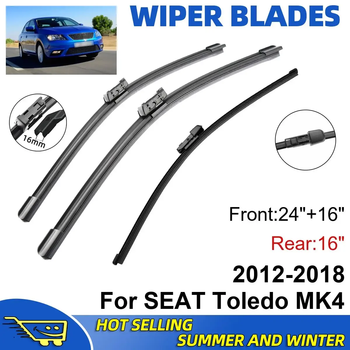 

3PCS For SEAT Toledo MK4 2012-2018 24" + 16"+ 16" Front Rear Wiper Blades Windshield Windscreen Window Cutter Accessories