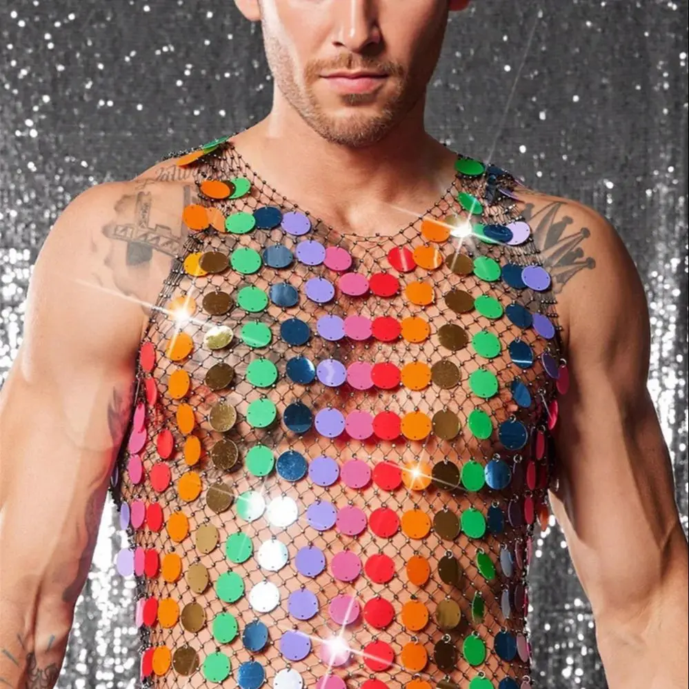 Heavy-Duty Diamond-Encrustedผู้ชายFishnetเสื้อกั๊กHandmade Beadedดูผ่านTop CyberpunkพราวLight-Up Openwork Jacket