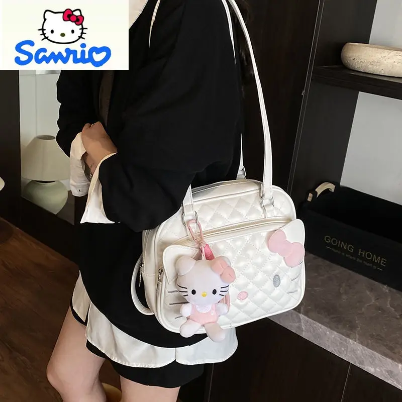 

Sanrio Cute Cartoon Large Capacity High Quality Ling Grid Diagonal Cross Bag for Women Fashion Hello Kitty Handheld Backpack