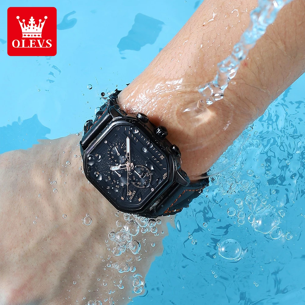 OLEVS 9950 Orologio da uomo Moda cinturino in pelle originale Cronografo Orologio al quarzo quadrato Orologi sportivi luminosi impermeabili per uomo