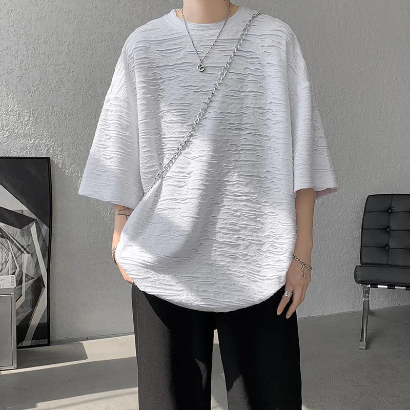 Summer Heavy Craftsmanship Cut Pleated Men Short Sleeve O Neck T Shirts Teenagers Thin Fashion Harajuku Oversized Tops Tee White