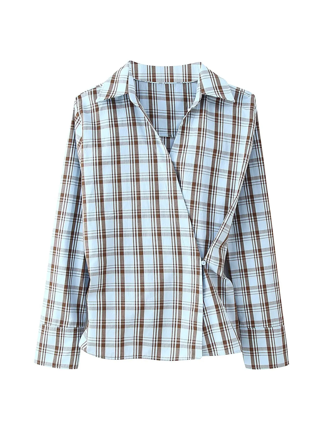 

Женская сине-коричневая блузка в клетку с длинным рукавом, воротником и V-образным вырезом, повседневная рубашка для офиса и на каждый день