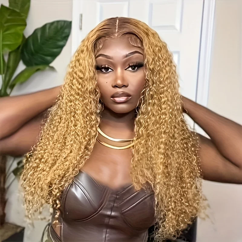 

13x4 Kinky Curly #27 Honey Blonde Transparent Lace Frontal Wig Remy Curly Lace Front Colored Human Hair Wig
