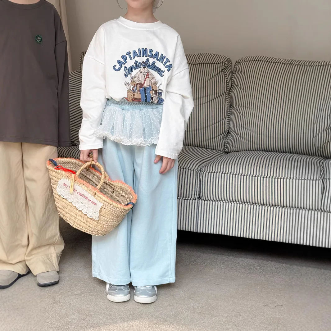 

New Spring 2-10Y Kids Girls Two-piece Clothes Set Cotton Animal Printed Log Sleeves Suit Spliced Lace Fart Curtain Straight Pant