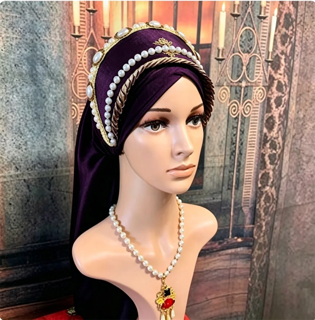 Damen Tudor-Kopfschmuck Königin Anne Boleyn Cosplay Schwarz/Lila/Blau Hut Elisabethanische Renaissance Tudor-Kronenhüte