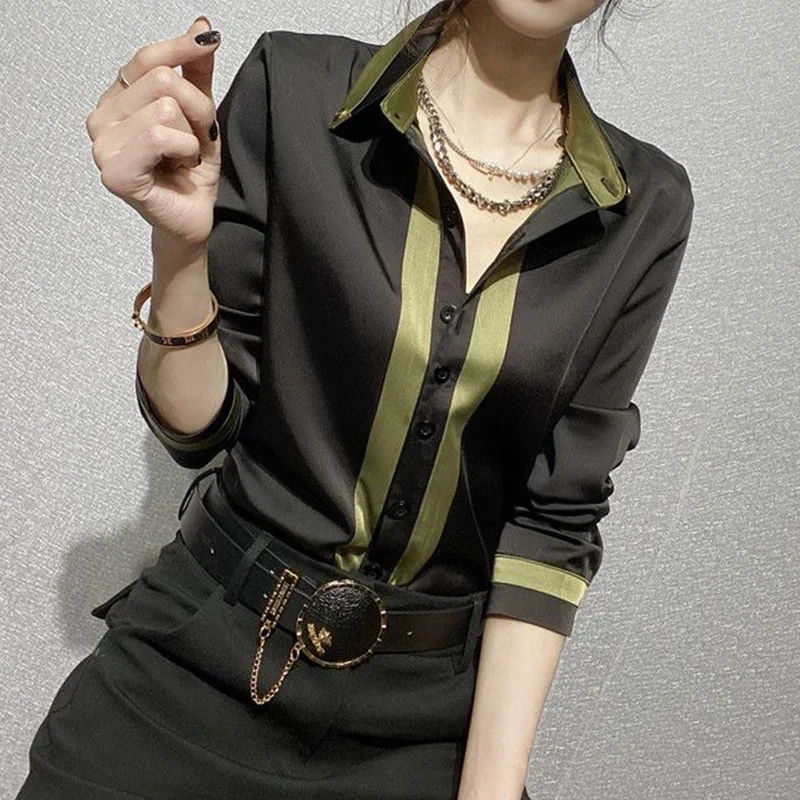 2023 Spring New Fashion Contrast Color Forged Material Shirt Office Lady Polo-Neck Long Sleeve Single Breasted Femme Slim Blouse