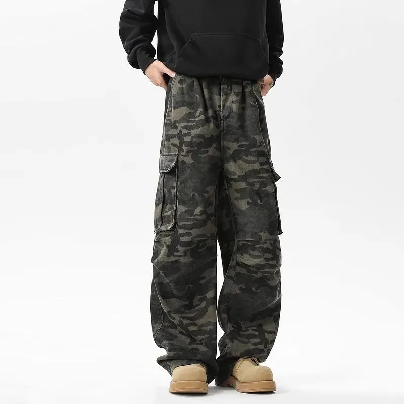 

Американский осенне-зимний уличный камуфляжный комбинезон с несколькими карманами, мужские брендовые широкие брюки в стиле ретро, универсальные прямые повседневные брюки
