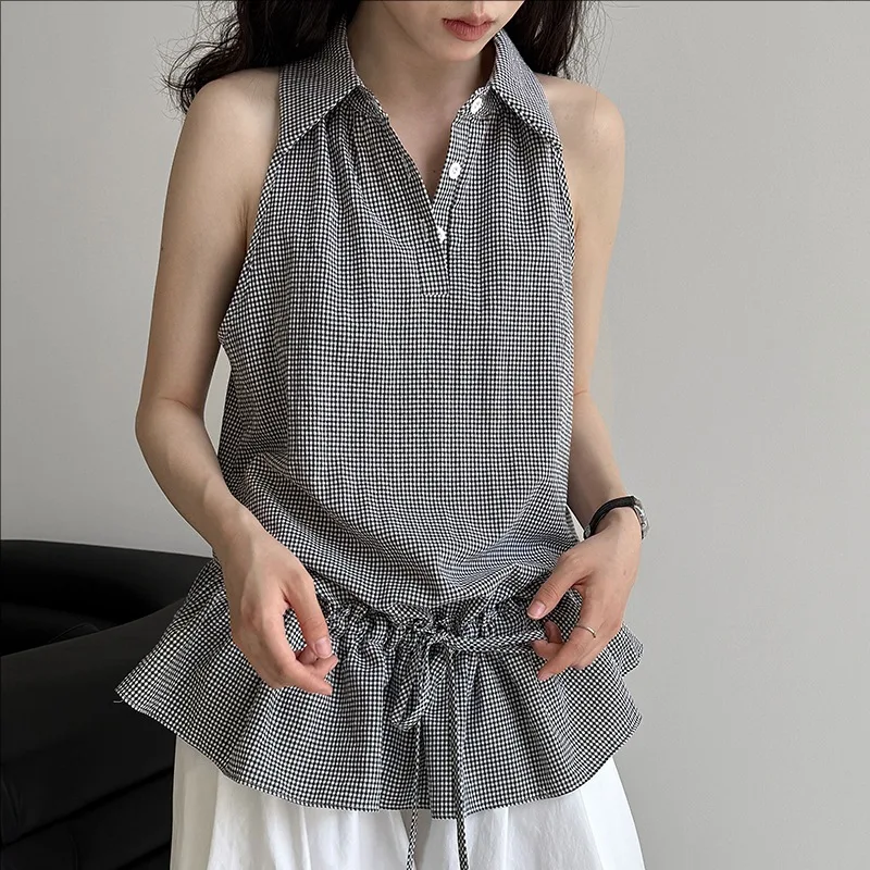 

Summer new casual sleeveless plaid shirt women off shoulder top
