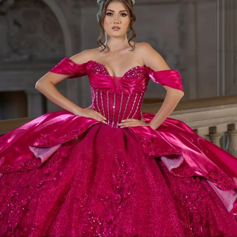 

Shiny rose pink Quinceanera Dress Lace layering crystal off-shoulder sequins decal flower vestidos de 15 Quinceanera ﻿Customize