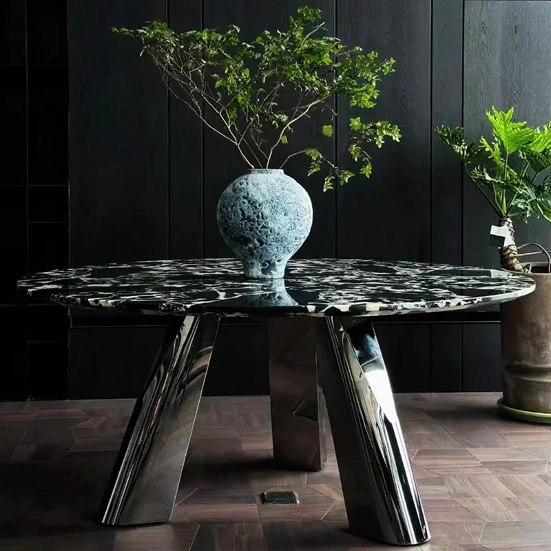 

Natural Marble round Table Stone Black Modern Minimalist Italian Light Luxury round Dining Table