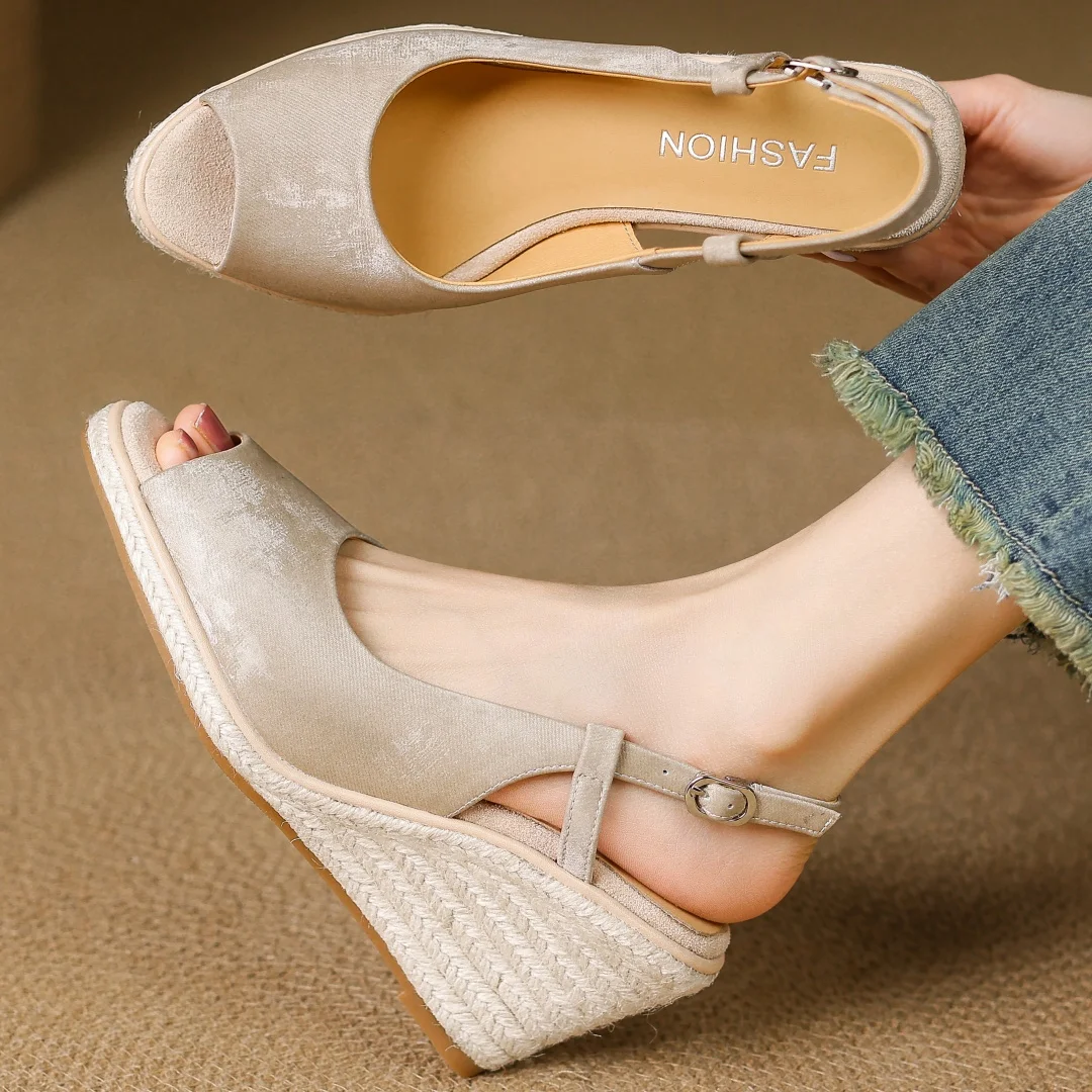 

Flokathy women's gneuine leather peep toe slingback sandals elegant ladies 7.5cm wedge high heel daily dress slim pumps shoes 40