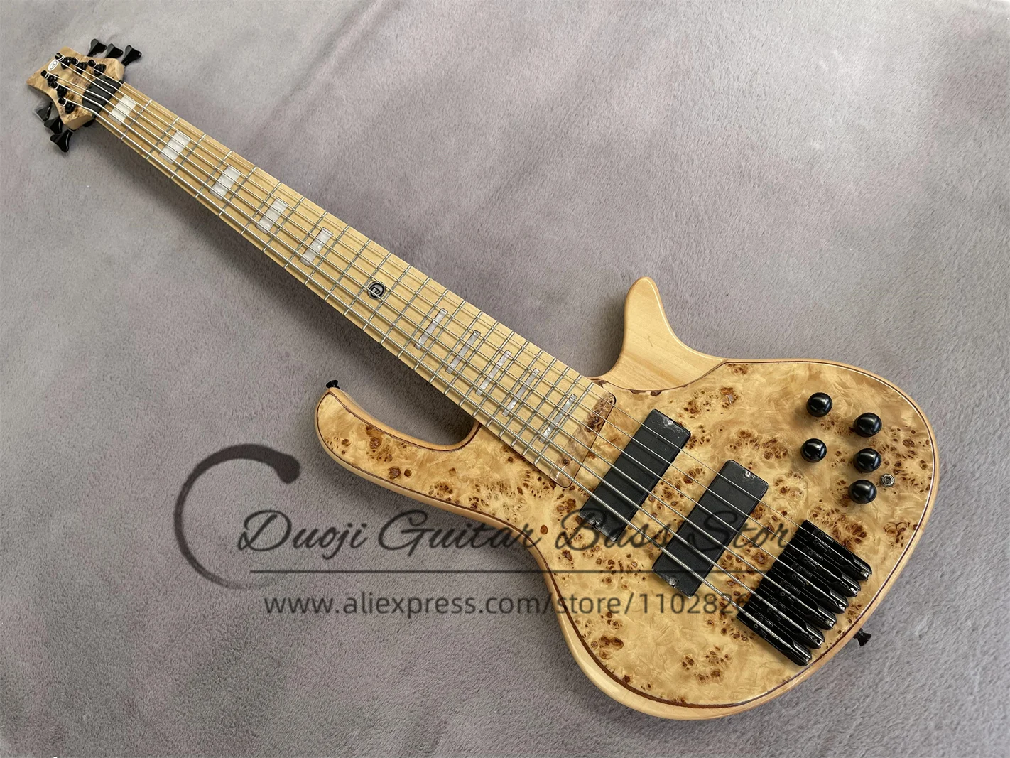 6 String Bass Guitar Ash Wood Wody Tree Burl Top Maple Fingerboard Active Battery Independent Bridge Black Tuner deL Bass