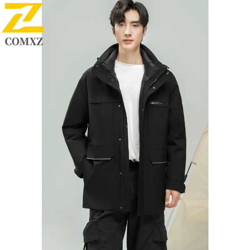 COMXZ Men Down Jacket Classic Solid Color Detachable Hood Warm High Quality Skiing Puffer Jacket Travel Windproof Winter Jacket